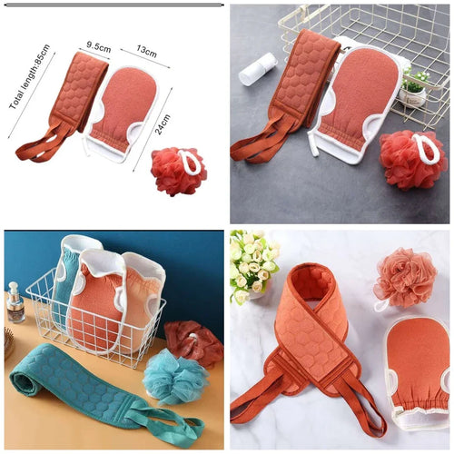 3 Pcs Shower & Bath Kit with Gloves Brush Shower Ball & Back Scrubber